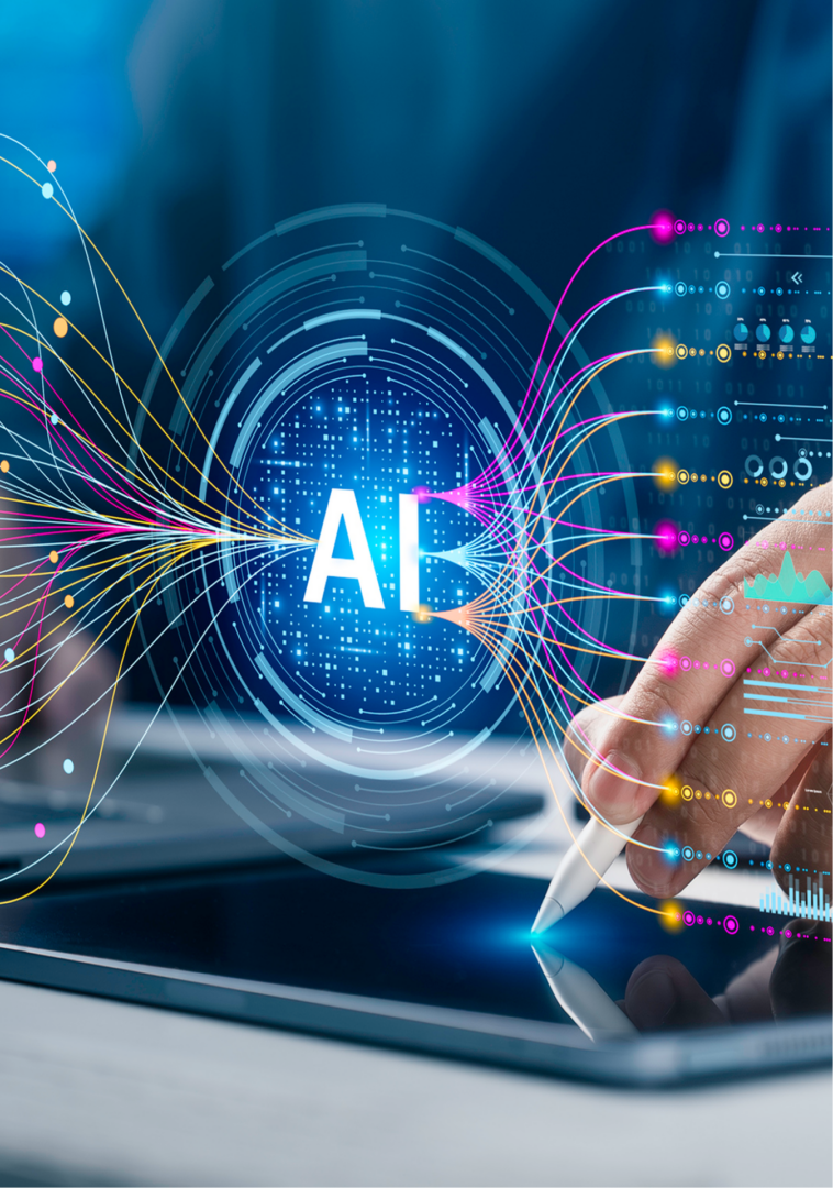 Hands interacting with futuristic AI interface