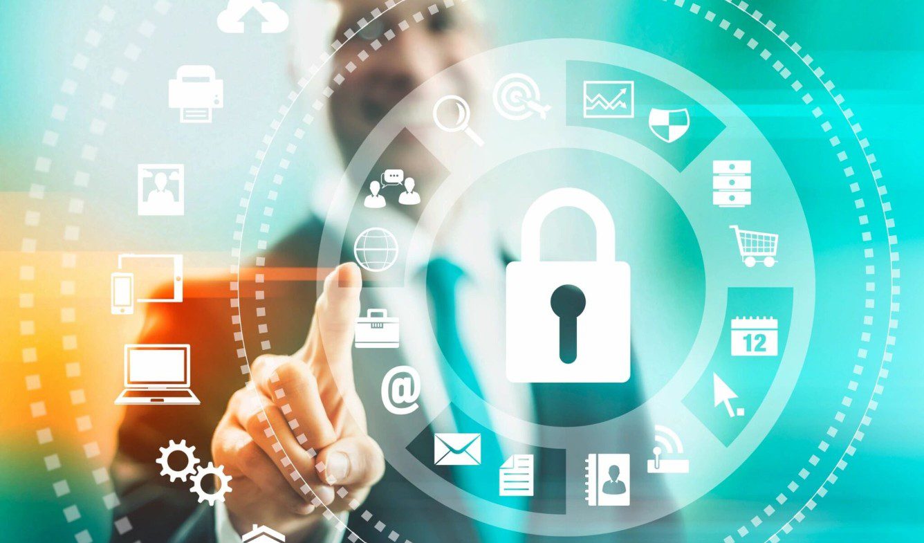 Businessman interacting with virtual security interface