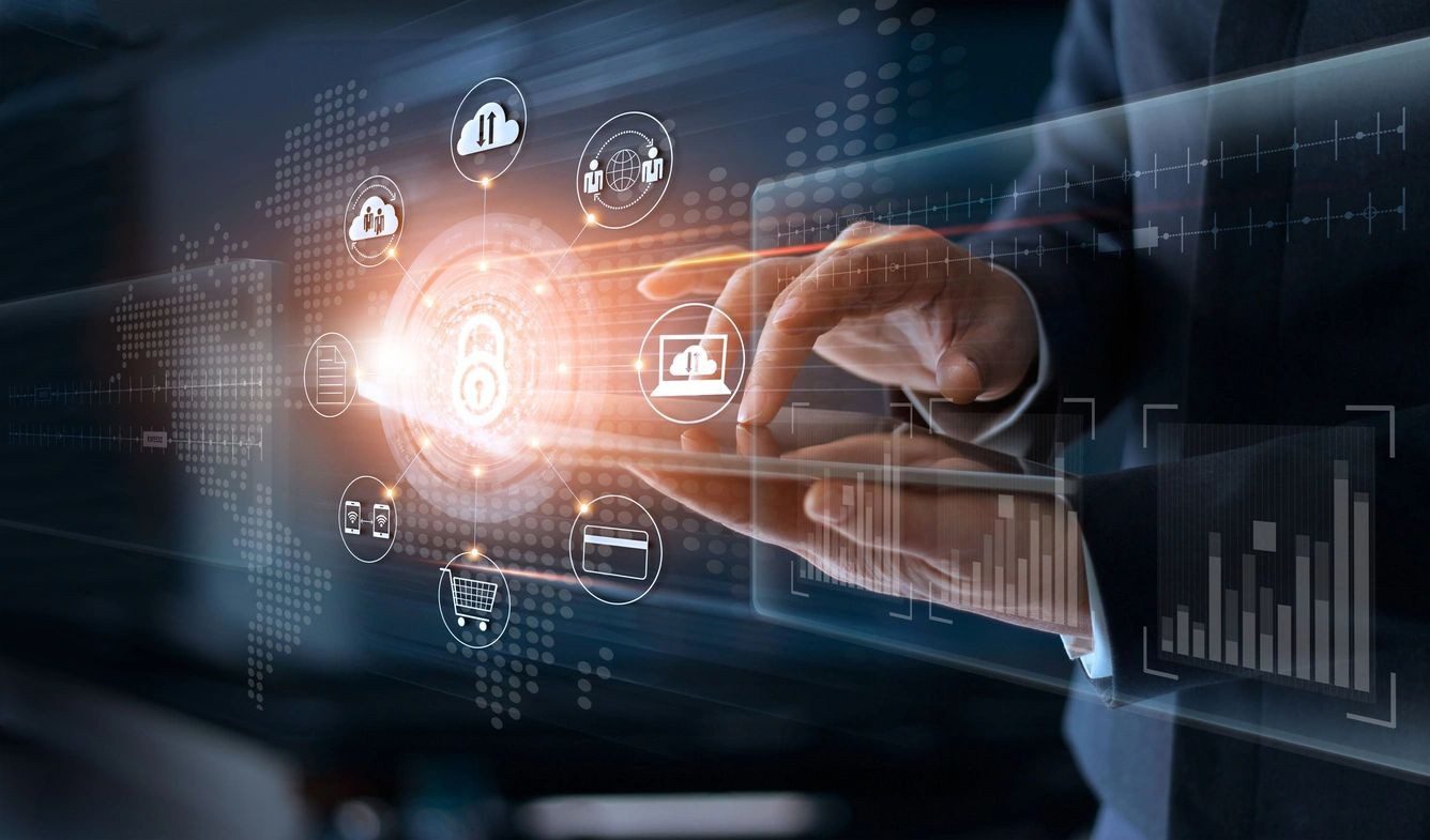 Person interacting with virtual business dashboard